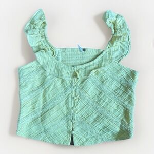 Free People Large Yellow 100% Cotton Button Up Sleeveless Shirt Textured Lace